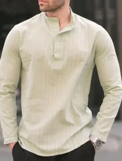 Sale OUKU Men's Shirt Linen Shirt Popover Shirt Summer Shirt Beach Shirt Black White Blue Long Sleeve Plain Henley Spring & Summer Casual Daily Clothing Apparel