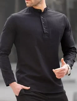 Sale OUKU Men's Shirt Linen Shirt Popover Shirt Summer Shirt Beach Shirt Black White Blue Long Sleeve Plain Henley Spring & Summer Casual Daily Clothing Apparel