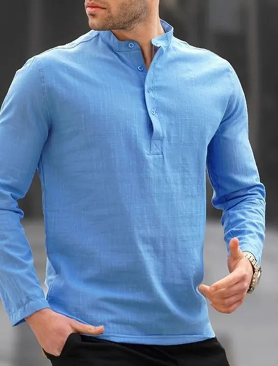 Sale OUKU Men's Shirt Linen Shirt Popover Shirt Summer Shirt Beach Shirt Black White Blue Long Sleeve Plain Henley Spring & Summer Casual Daily Clothing Apparel