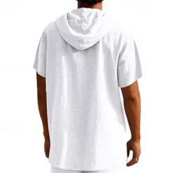 Clearance OUKU Men's Shirt Linen Shirt Popover Shirt Casual Shirt Cotton Shirt Plain Vacation Street Black White Yellow Navy Blue Short Sleeve Hooded Summer Clothing Apparel Button-Down