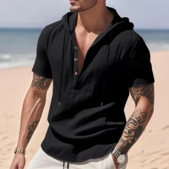 Clearance OUKU Men's Shirt Linen Shirt Popover Shirt Casual Shirt Cotton Shirt Plain Vacation Street Black White Yellow Navy Blue Short Sleeve Hooded Summer Clothing Apparel Button-Down