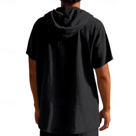 Clearance OUKU Men's Shirt Linen Shirt Popover Shirt Casual Shirt Cotton Shirt Plain Vacation Street Black White Yellow Navy Blue Short Sleeve Hooded Summer Clothing Apparel Button-Down