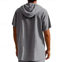 Clearance OUKU Men's Shirt Linen Shirt Popover Shirt Casual Shirt Cotton Shirt Plain Vacation Street Black White Yellow Navy Blue Short Sleeve Hooded Summer Clothing Apparel Button-Down