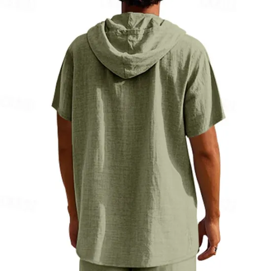 Clearance OUKU Men's Shirt Linen Shirt Popover Shirt Casual Shirt Cotton Shirt Plain Vacation Street Black White Yellow Navy Blue Short Sleeve Hooded Summer Clothing Apparel Button-Down