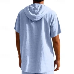 Clearance OUKU Men's Shirt Linen Shirt Popover Shirt Casual Shirt Cotton Shirt Plain Vacation Street Black White Yellow Navy Blue Short Sleeve Hooded Summer Clothing Apparel Button-Down