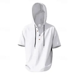 Clearance OUKU Men's Shirt Linen Shirt Popover Shirt Casual Shirt Cotton Shirt Plain Vacation Street Black White Yellow Navy Blue Short Sleeve Hooded Summer Clothing Apparel Button-Down