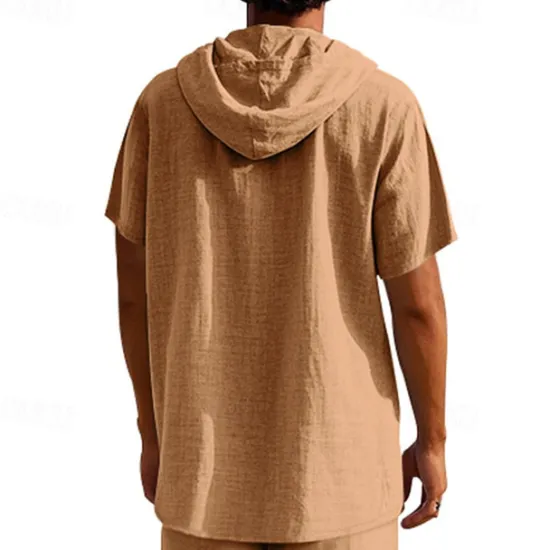 Clearance OUKU Men's Shirt Linen Shirt Popover Shirt Casual Shirt Cotton Shirt Plain Vacation Street Black White Yellow Navy Blue Short Sleeve Hooded Summer Clothing Apparel Button-Down
