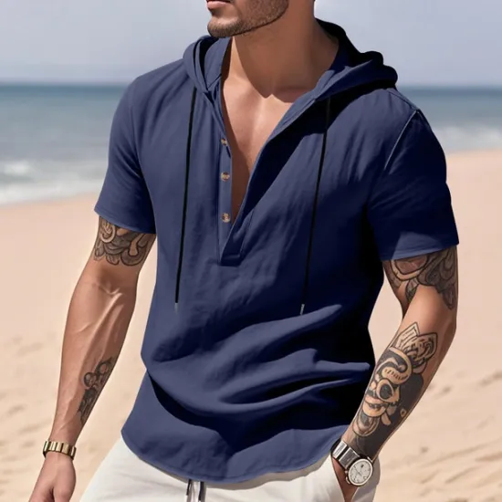 Clearance OUKU Men's Shirt Linen Shirt Popover Shirt Casual Shirt Cotton Shirt Plain Vacation Street Black White Yellow Navy Blue Short Sleeve Hooded Summer Clothing Apparel Button-Down
