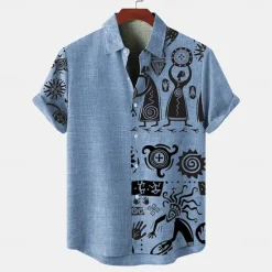 Discount OUKU Men's Shirt Linen Shirt Retro Shirts Vintage Shirt Ethnic Shirt Daily Blue Green khaki Short Sleeve Turndown Summer Spring Clothing Apparel