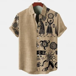 Discount OUKU Men's Shirt Linen Shirt Retro Shirts Vintage Shirt Ethnic Shirt Daily Blue Green khaki Short Sleeve Turndown Summer Spring Clothing Apparel