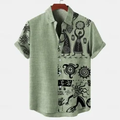 Discount OUKU Men's Shirt Linen Shirt Retro Shirts Vintage Shirt Ethnic Shirt Daily Blue Green khaki Short Sleeve Turndown Summer Spring Clothing Apparel