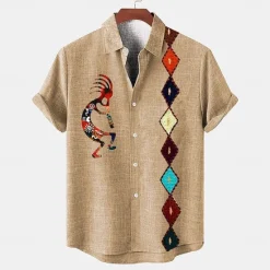 Discount OUKU Men's Shirt Linen Shirt Retro Shirts Vintage Shirt Ethnic Shirt Southwestern Print Daily Green khaki Gray Short Sleeve Turndown Summer Spring Clothing Apparel