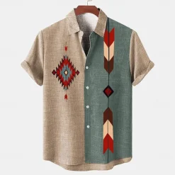 Online OUKU Men's Shirt Linen Shirt Retro Shirts Vintage Shirt Ethnic Shirt Tribal Daily Pink Blue khaki Short Sleeve Turndown Summer Spring Clothing Apparel
