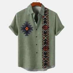 Online OUKU Men's Shirt Linen Shirt Retro Shirts Vintage Shirt Ethnic Shirt Ethnic Vacation Daily Green khaki Beige Short Sleeve Turndown Summer Spring Clothing Apparel