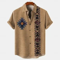 Online OUKU Men's Shirt Linen Shirt Retro Shirts Vintage Shirt Ethnic Shirt Ethnic Vacation Daily Green khaki Beige Short Sleeve Turndown Summer Spring Clothing Apparel