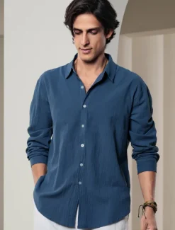 Outlet OUKU Men's Shirt Linen Shirt Solid Color Casual Daily White Pink Navy Blue Blue Long Sleeve Collar Spring & Summer Clothing Apparel Button-Down