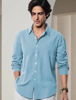 Outlet OUKU Men's Shirt Linen Shirt Solid Color Casual Daily White Pink Navy Blue Blue Long Sleeve Collar Spring & Summer Clothing Apparel Button-Down