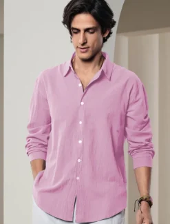 Outlet OUKU Men's Shirt Linen Shirt Solid Color Casual Daily White Pink Navy Blue Blue Long Sleeve Collar Spring & Summer Clothing Apparel Button-Down