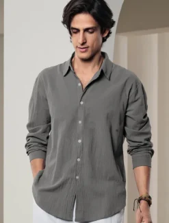 Outlet OUKU Men's Shirt Linen Shirt Solid Color Casual Daily White Pink Navy Blue Blue Long Sleeve Collar Spring & Summer Clothing Apparel Button-Down