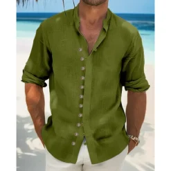Online OUKU Men's Shirt Linen Shirt Summer Shirt Beach Wear Casual Shirt Button Up Shirt Plain Vacation Curise Black White Light Green Pink Long Sleeve Stand Collar Spring & Summer Clothing Apparel