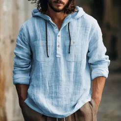 Online OUKU Men's Shirt Linen Shirt Summer Shirt Beach Shirt Hooded Shirt Plain Casual Daily Black White Blue Brown Long Sleeve Hooded Spring & Summer Clothing Apparel