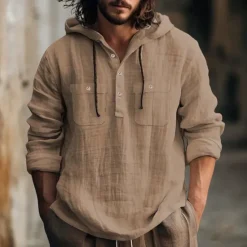 Online OUKU Men's Shirt Linen Shirt Summer Shirt Beach Shirt Hooded Shirt Plain Casual Daily Black White Blue Brown Long Sleeve Hooded Spring & Summer Clothing Apparel