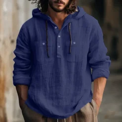 Online OUKU Men's Shirt Linen Shirt Summer Shirt Beach Shirt Hooded Shirt Plain Casual Daily Black White Blue Brown Long Sleeve Hooded Spring & Summer Clothing Apparel