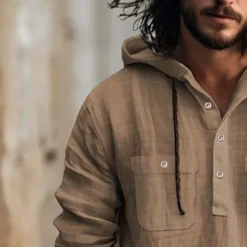 Online OUKU Men's Shirt Linen Shirt Summer Shirt Beach Shirt Hooded Shirt Plain Casual Daily Black White Blue Brown Long Sleeve Hooded Spring & Summer Clothing Apparel