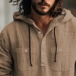 Online OUKU Men's Shirt Linen Shirt Summer Shirt Beach Shirt Hooded Shirt Plain Casual Daily Black White Blue Brown Long Sleeve Hooded Spring & Summer Clothing Apparel