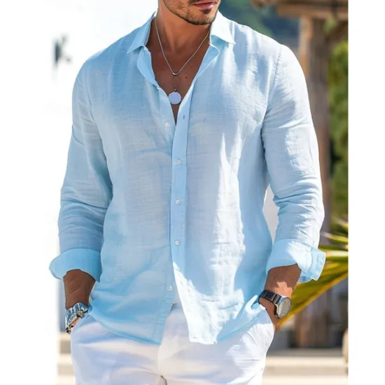 Best OUKU Men's Shirt Linen Shirt Summer Shirt Beach Wear Button Up Shirt Plain Vacation Curise Black White Pink Blue Long Sleeve Collar Spring & Summer Clothing Apparel