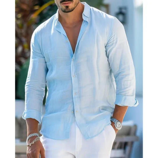 Best OUKU Men's Shirt Linen Shirt Summer Shirt Beach Wear Button Up Shirt Plain Vacation Curise Black White Pink Blue Long Sleeve Collar Spring & Summer Clothing Apparel