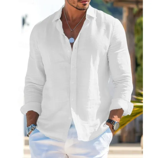 Best OUKU Men's Shirt Linen Shirt Summer Shirt Beach Wear Button Up Shirt Plain Vacation Curise Black White Pink Blue Long Sleeve Collar Spring & Summer Clothing Apparel