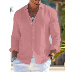 Best OUKU Men's Shirt Linen Shirt Summer Shirt Beach Wear Button Up Shirt Plain Vacation Curise Black White Pink Blue Long Sleeve Collar Spring & Summer Clothing Apparel