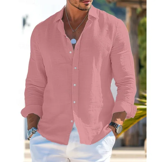 Best OUKU Men's Shirt Linen Shirt Summer Shirt Beach Wear Button Up Shirt Plain Vacation Curise Black White Pink Blue Long Sleeve Collar Spring & Summer Clothing Apparel