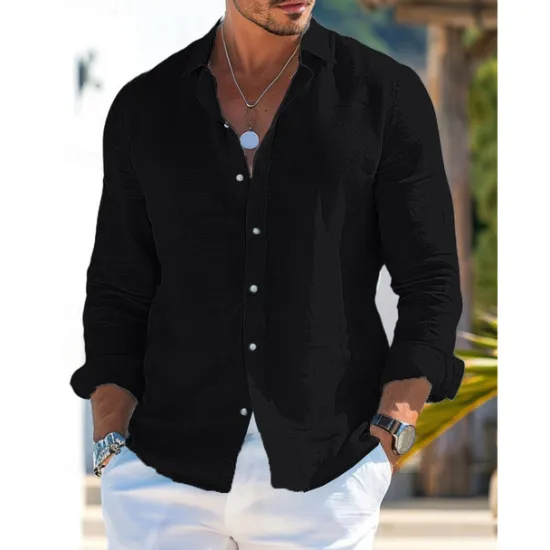 Best OUKU Men's Shirt Linen Shirt Summer Shirt Beach Wear Button Up Shirt Plain Vacation Curise Black White Pink Blue Long Sleeve Collar Spring & Summer Clothing Apparel
