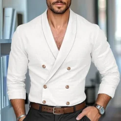 New OUKU Men's Shirt Linen Shirt Summer Shirt Work Shirt Solid Color Formal Work White Navy Blue Khaki Long Sleeve Shawl Collar Spring & Fall Cross-Seasons Clothing Apparel Buttons