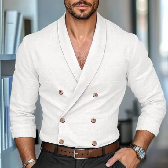 New OUKU Men's Shirt Linen Shirt Summer Shirt Work Shirt Solid Color Formal Work White Navy Blue Khaki Long Sleeve Shawl Collar Spring & Fall Cross-Seasons Clothing Apparel Buttons