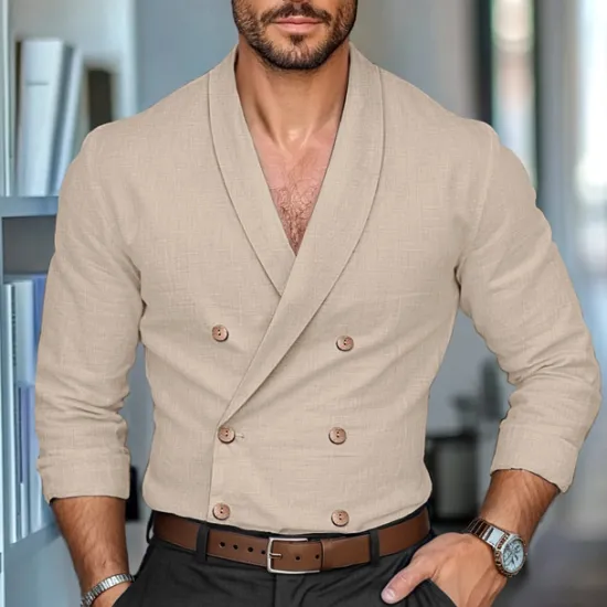 New OUKU Men's Shirt Linen Shirt Summer Shirt Work Shirt Solid Color Formal Work White Navy Blue Khaki Long Sleeve Shawl Collar Spring & Fall Cross-Seasons Clothing Apparel Buttons