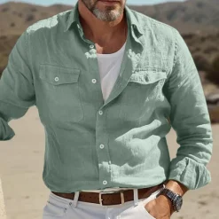 Sale OUKU Men's Shirt Linen Shirt Summer Shirt Beach Wear Button Up Shirt Solid Color Street Daily White Blue Green Khaki Long Sleeve Fold-over Collar Clothing Apparel Pocket
