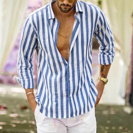 Outlet OUKU Men's Shirt Linen Shirt Summer Shirt Casual Shirt Beach Shirt Button Up Shirt Striped Vacation Holiday Black Yellow Pink Red Long Sleeve Turndown Spring & Fall Clothing Apparel Button-Down