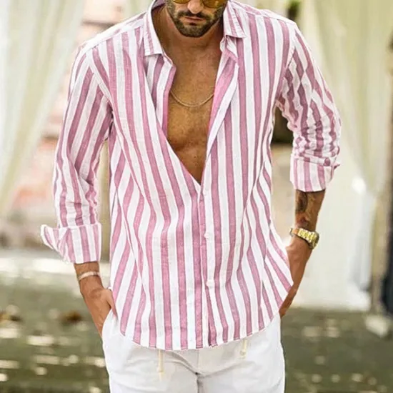 Outlet OUKU Men's Shirt Linen Shirt Summer Shirt Casual Shirt Beach Shirt Button Up Shirt Striped Vacation Holiday Black Yellow Pink Red Long Sleeve Turndown Spring & Fall Clothing Apparel Button-Down
