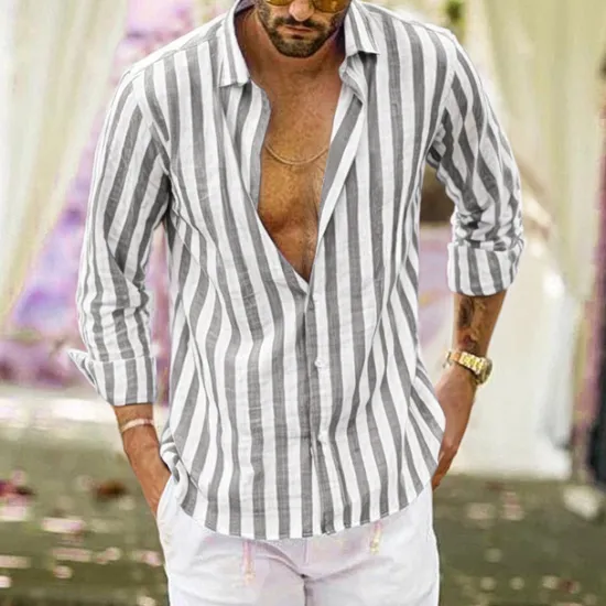 Outlet OUKU Men's Shirt Linen Shirt Summer Shirt Casual Shirt Beach Shirt Button Up Shirt Striped Vacation Holiday Black Yellow Pink Red Long Sleeve Turndown Spring & Fall Clothing Apparel Button-Down