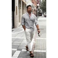 Outlet OUKU Men's Shirt Linen Shirt Summer Shirt Casual Shirt Beach Shirt Button Up Shirt Striped Vacation Holiday Black Yellow Pink Red Long Sleeve Turndown Spring & Fall Clothing Apparel Button-Down