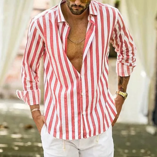 Outlet OUKU Men's Shirt Linen Shirt Summer Shirt Casual Shirt Beach Shirt Button Up Shirt Striped Vacation Holiday Black Yellow Pink Red Long Sleeve Turndown Spring & Fall Clothing Apparel Button-Down