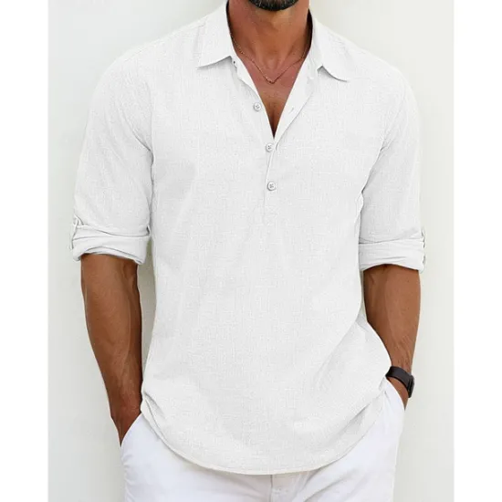 Best OUKU Men's Shirt Linen Shirt Summer Shirt Beach Wear Button Up Shirt Plain Vacation Casual Black White Blue Green Long Sleeve Lapel Spring & Summer Clothing Apparel