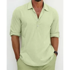 Best OUKU Men's Shirt Linen Shirt Summer Shirt Beach Wear Button Up Shirt Plain Vacation Casual Black White Blue Green Long Sleeve Lapel Spring & Summer Clothing Apparel