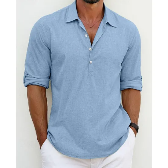 Best OUKU Men's Shirt Linen Shirt Summer Shirt Beach Wear Button Up Shirt Plain Vacation Casual Black White Blue Green Long Sleeve Lapel Spring & Summer Clothing Apparel