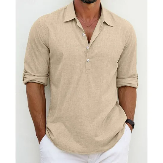 Best OUKU Men's Shirt Linen Shirt Summer Shirt Beach Wear Button Up Shirt Plain Vacation Casual Black White Blue Green Long Sleeve Lapel Spring & Summer Clothing Apparel