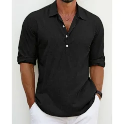 Best OUKU Men's Shirt Linen Shirt Summer Shirt Beach Wear Button Up Shirt Plain Vacation Casual Black White Blue Green Long Sleeve Lapel Spring & Summer Clothing Apparel