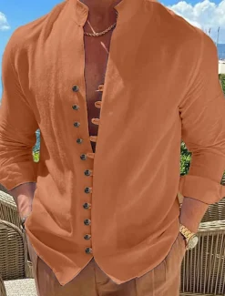 Clearance OUKU Men's Shirt Linen Shirt Summer Shirt Elegant Button Up Shirt Casual Shirt Black White Pink Blue Long Sleeve Plain Band Collar Summer Spring & Fall Daily Vacation Clothing Apparel